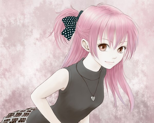 Anime picture 1280x1024 with original erurodo (artist) single long hair looking at viewer fringe smile brown eyes pink hair leaning leaning forward sleeveless plaid skirt pink background polka dot girl skirt bow hair bow heart