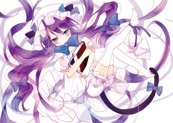 Anime picture 1200x854 with touhou patchouli knowledge long hair blush simple background white background purple eyes animal ears purple hair cat ears cat tail girl thighhighs bow hair bow hat white thighhighs book (books) bonnet