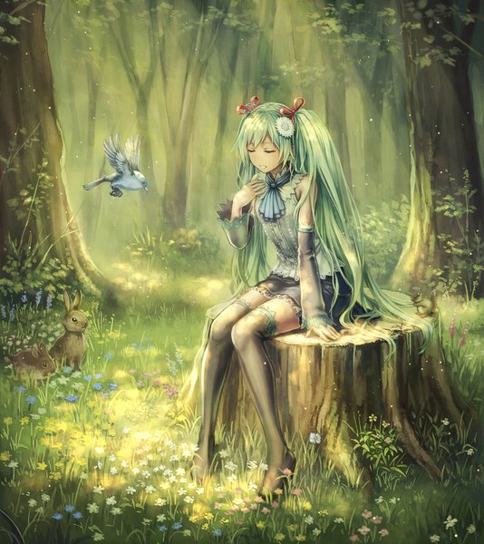 イラスト 2000x2246 と ボーカロイド 初音ミク あんべよしろう ソロ 長身像 highres ツインテール eyes closed very long hair aqua hair 女の子 ストッキング ドレス 花 黒ストッキング 植物 袖だけ 動物 木 鳥