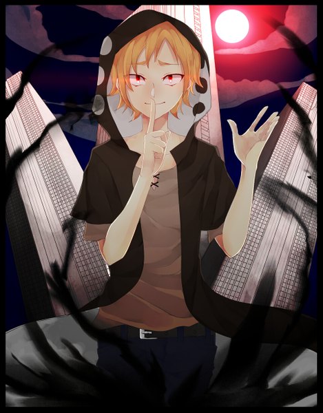 Anime picture 961x1228 with kagerou project shaft (studio) kano shuuya melusine1005 single tall image fringe short hair blonde hair smile standing night open clothes open jacket finger to mouth red moon boy jacket belt hood