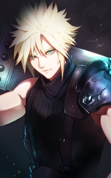Anime picture 2500x4000 with final fantasy final fantasy vii square enix cloud strife nishikawa eito single tall image looking at viewer fringe highres short hair simple background blonde hair hair between eyes green eyes signed upper body character names black background serious