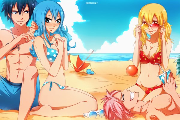 Anime picture 1900x1267 with fairy tail lucy heartfilia natsu dragneel gray fullbuster juvia lockser happy (fairy tail) kristallin-f (artist) long hair blush highres short hair open mouth blue eyes light erotic black hair blonde hair smile multiple girls brown eyes blue hair