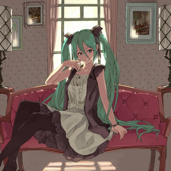 Anime picture 1800x1800 with vocaloid hatsune miku shihou (g-o-s) single highres smile sitting twintails very long hair nail polish aqua eyes aqua hair girl dress pantyhose bracelet window couch lamp room