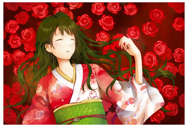 Anime picture 4440x3000 with original yuzuki kihiro single long hair highres absurdres eyes closed japanese clothes green hair sleeping girl flower (flowers) kimono rose (roses)