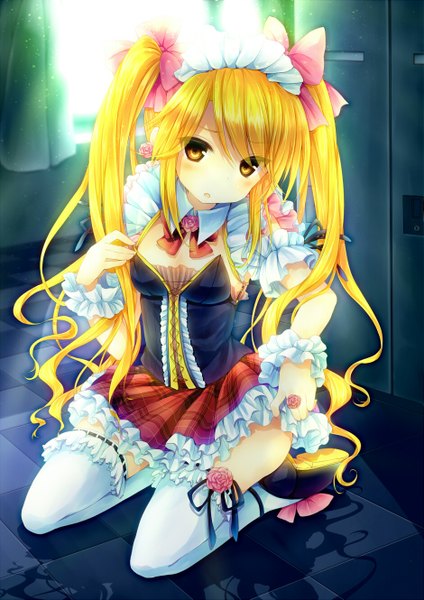 Anime picture 939x1329 with original kabocha usagi single long hair tall image looking at viewer blush blonde hair twintails yellow eyes girl thighhighs dress bow hair bow white thighhighs frills headdress