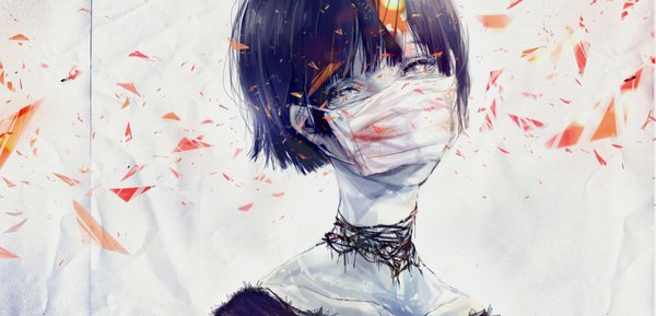 Anime picture 1755x848 with original si (pixiv) single fringe highres short hair wide image blue hair aqua eyes pale skin girl surgical mask