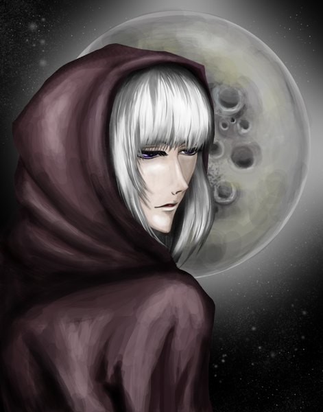 Anime picture 1500x1910 with original ladyshadow92 single long hair tall image fringe open mouth blonde hair purple eyes white hair night sky back dark background pale skin boy hood moon star (stars)