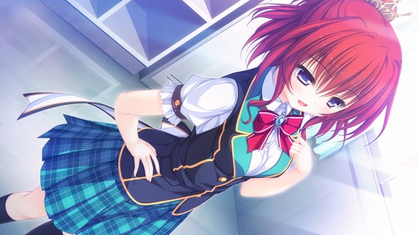 Anime picture 1280x720 with magicalic sky high mikagami mamizu single blush short hair open mouth blue eyes wide image game cg red hair girl uniform school uniform