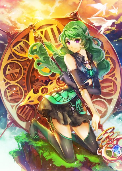Anime picture 1400x1959 with original sibyl long hair tall image looking at viewer smile purple eyes bare shoulders sky cloud (clouds) green hair pointy ears girl skirt gloves weapon plant (plants) animal boots bird (birds)