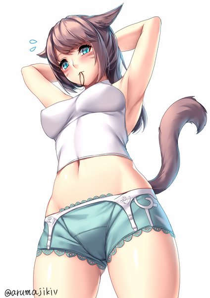 Anime picture 601x850 with final fantasy final fantasy xiv square enix miqo'te aruma jiki single long hair tall image fringe breasts blue eyes light erotic simple background white background holding signed animal ears tail blunt bangs animal tail