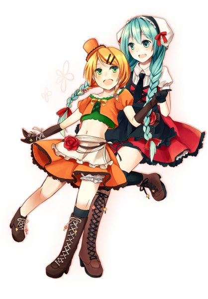 Anime picture 1000x1436 with vocaloid hatsune miku kagamine rin long hair tall image blush short hair open mouth simple background blonde hair white background twintails multiple girls green eyes braid (braids) aqua eyes aqua hair twin braids lacing girl