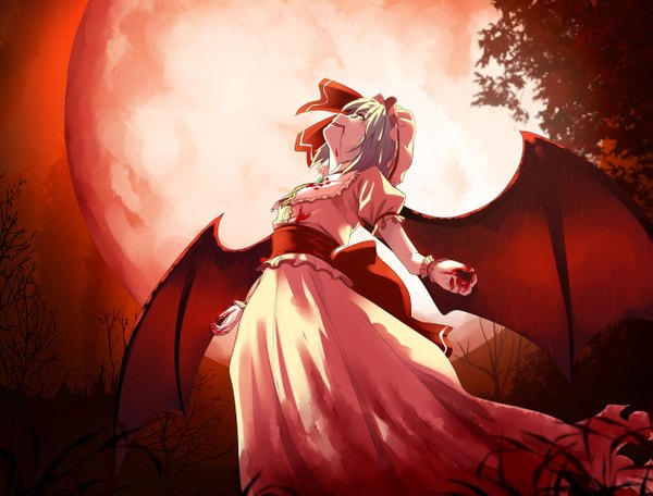 Anime picture 1263x960 with touhou remilia scarlet yasuyuki fringe red eyes blue hair from below bat wings blood on face red moon girl dress bow plant (plants) hat tree (trees) moon blood