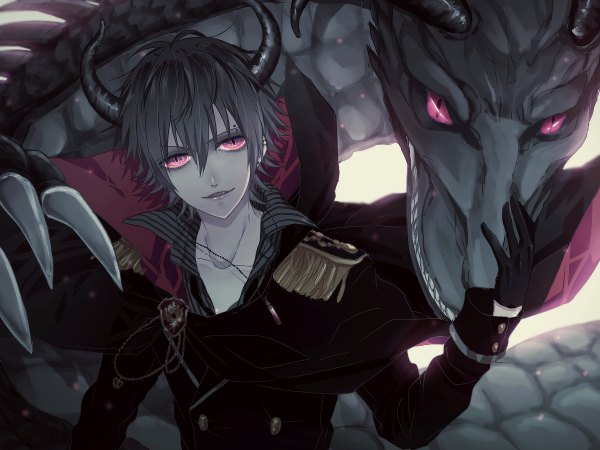 Anime picture 1200x900 with original ibuki (artist) single looking at viewer fringe short hair smile head tilt pink eyes horn (horns) lips piercing fantasy demon demon boy boy gloves black gloves pendant dragon