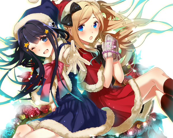 Anime picture 1200x960 with dangan ronpa maizono sayaka sonia nevermind okia long hair looking at viewer blush open mouth blue eyes black hair blonde hair multiple girls one eye closed wink christmas girl gloves hair ornament flower (flowers) bow