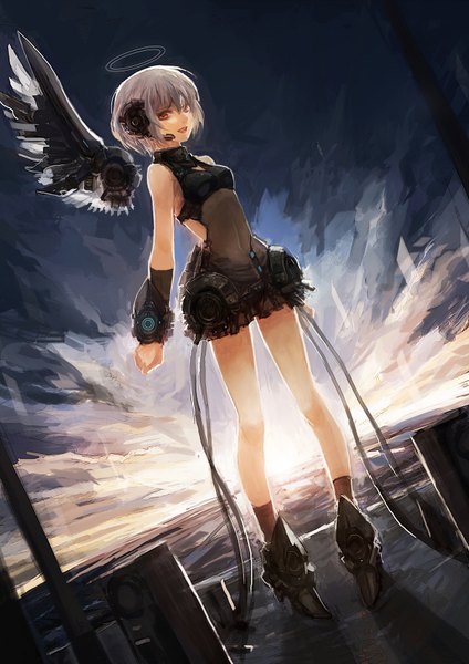 Anime picture 1200x1697 with original bryanth single tall image short hair breasts red eyes lips grey hair evening sunset black wings girl dress wings socks shoes headphones microphone