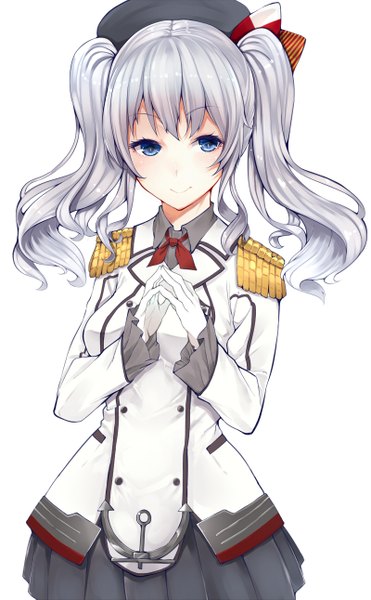 Anime picture 800x1291 with kantai collection kashima training cruiser mikan (chipstar182) single long hair tall image fringe blue eyes simple background smile white background twintails payot looking away silver hair upper body fingers together girl gloves uniform