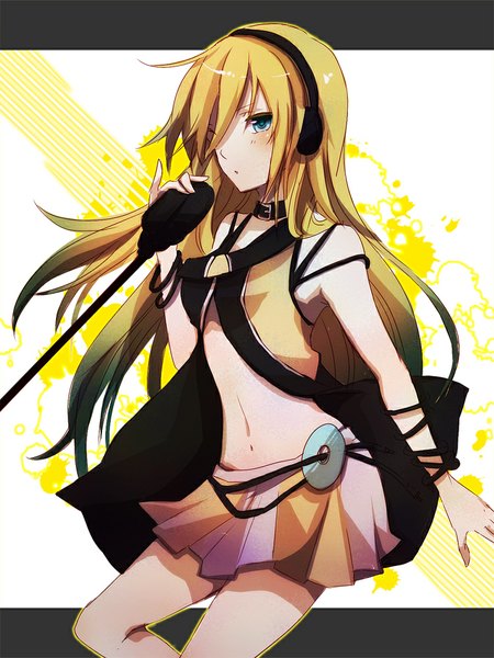 Anime picture 750x1000 with vocaloid lily (vocaloid) sotsunaku single long hair tall image blush fringe blue eyes blonde hair holding midriff girl skirt navel miniskirt headphones microphone