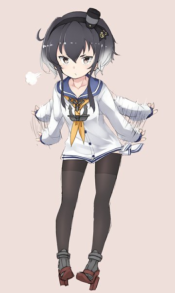 Anime picture 700x1167 with kantai collection tokitsukaze destroyer mku (artist) single tall image blush fringe short hair black hair simple background multicolored hair grey hair black eyes grey background gradient hair spread arms :t girl uniform hat