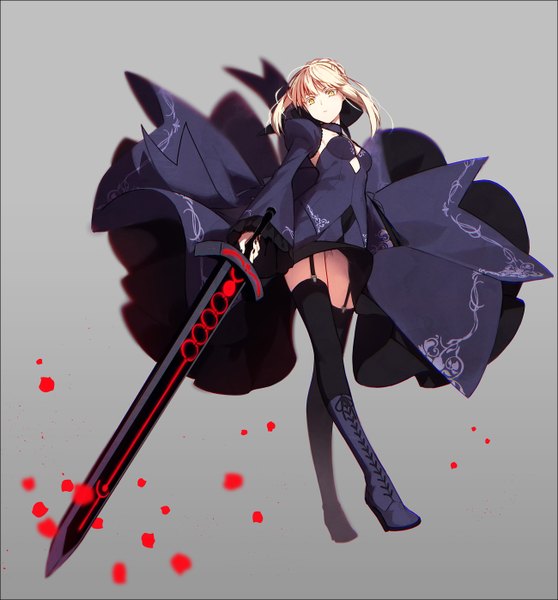 Anime picture 1300x1398 with fate (series) fate/stay night fate/unlimited codes artoria pendragon (all) saber saber alter hakusai (tiahszld) single tall image looking at viewer short hair breasts simple background blonde hair standing holding yellow eyes payot ahoge braid (braids)