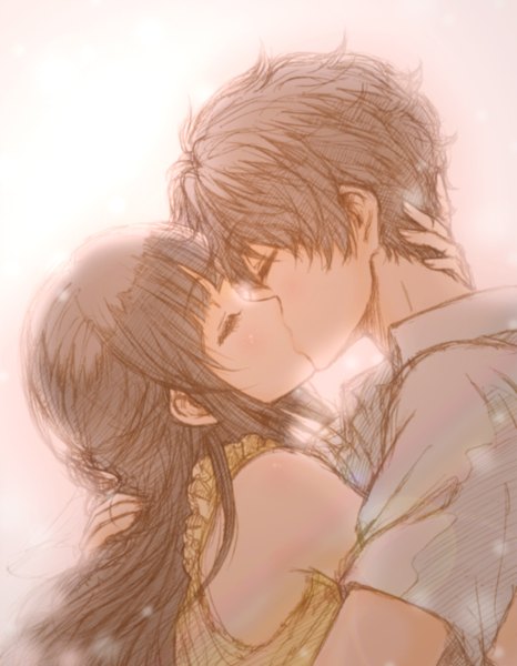 Anime picture 700x900 with hyouka kyoto animation chitanda eru oreki houtarou bluez long hair tall image blush fringe short hair black hair simple background white background bare shoulders upper body eyes closed couple kiss hand on another's head girl