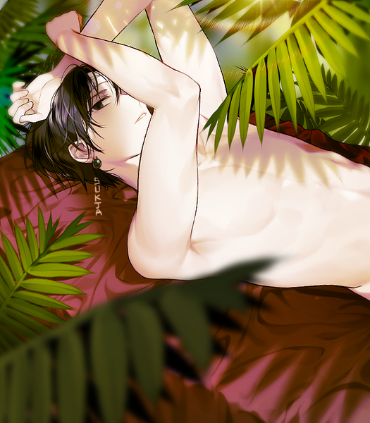 Anime picture 700x800 with hunter x hunter chrollo lucilfer sorolp single tall image looking at viewer short hair light erotic black hair signed upper body lying nude black eyes hand on head covering eye (eyes) boy earrings leaf (leaves) bandage (bandages)