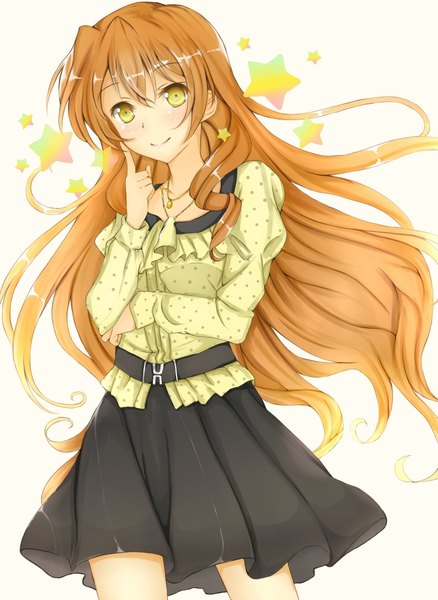 Anime picture 766x1049 with golden time j.c. staff kaga kouko matsurika (j297021302) single long hair tall image looking at viewer blush fringe simple background smile hair between eyes standing white background payot head tilt gradient background finger to mouth polka dot