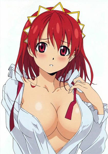 Anime picture 1200x1710 with seiken no blacksmith cecily cambell single tall image blush short hair breasts open mouth light erotic simple background red eyes large breasts white background bare shoulders red hair open clothes open shirt girl