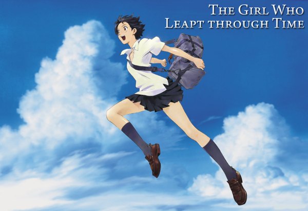 Anime picture 1400x962 with toki wo kakeru shoujo madhouse konno makoto single short hair open mouth black hair smile brown eyes sky cloud (clouds) full body pleated skirt jumping third-party edit girl skirt uniform bow school uniform