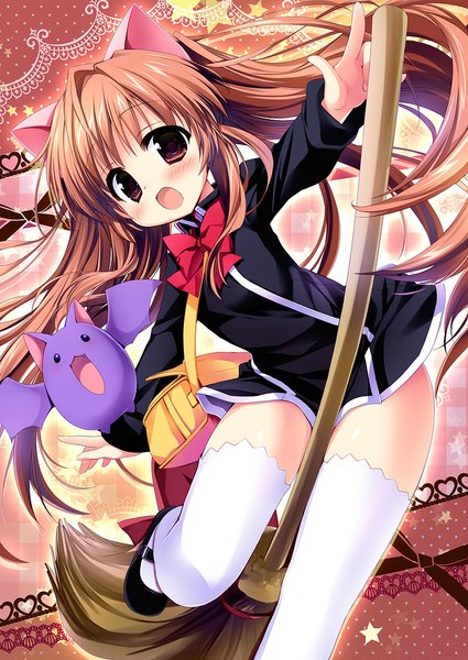 Anime picture 708x1000 with quiz magic academy aloe nagayama yuunon single long hair tall image looking at viewer blush open mouth brown hair brown eyes animal ears cat ears cat girl girl thighhighs white thighhighs bag