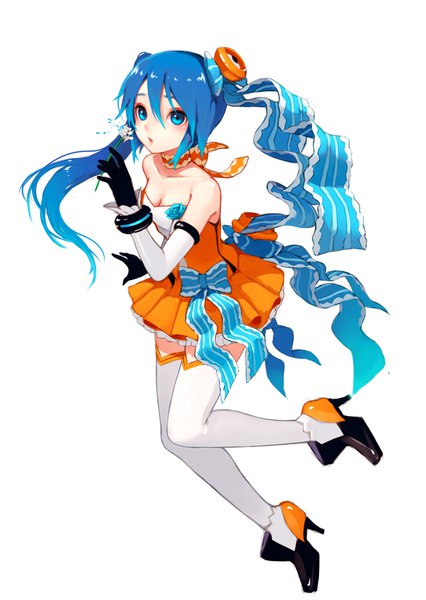 Anime picture 1240x1748 with project diva project diva f 2nd vocaloid hatsune miku fkey single long hair tall image looking at viewer blue eyes simple background white background bare shoulders holding blue hair full body :o high heels side ponytail alternate hairstyle