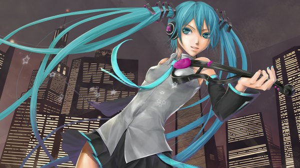 Anime picture 1280x720 with vocaloid hatsune miku single long hair wide image twintails aqua eyes aqua hair girl detached sleeves building (buildings) musical instrument skyscraper