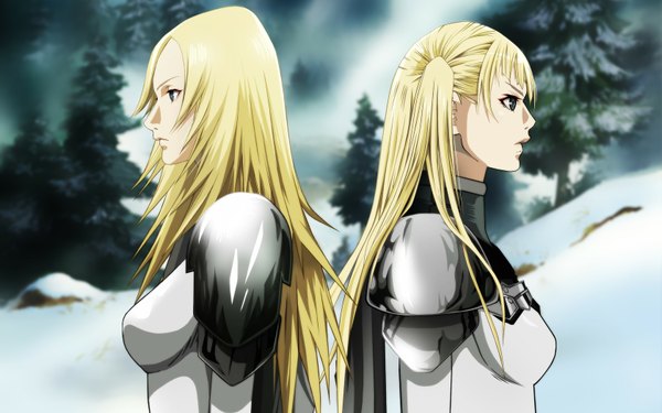 Anime picture 1680x1050 with claymore madhouse miria dietrich (claymore) long hair blonde hair wide image twintails multiple girls white hair grey eyes winter snow back to back girl 2 girls plant (plants) tree (trees) armor