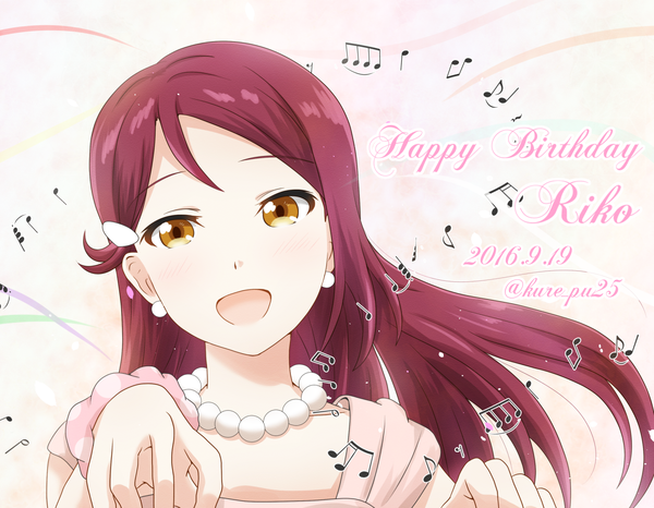 Anime picture 1800x1400 with love live! sunshine!! sunrise (studio) love live! sakurauchi riko kureppu single long hair looking at viewer blush fringe highres open mouth simple background signed yellow eyes upper body red hair head tilt character names twitter username