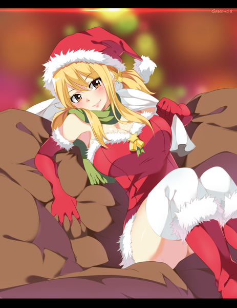 Anime picture 1155x1494 with fairy tail lucy heartfilia tongasart single long hair tall image looking at viewer blush breasts blonde hair smile large breasts sitting twintails bare shoulders holding brown eyes signed cleavage fur trim