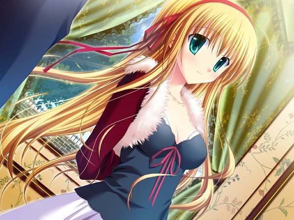 Anime picture 1024x768 with prima stella long hair blonde hair green eyes game cg girl hairband