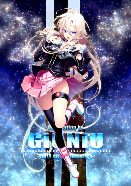 Anime picture 1240x1754 with vocaloid ia (vocaloid) giuniu single long hair tall image looking at viewer open mouth blue eyes white hair braid (braids) twin braids skirt lift girl thighhighs skirt black thighhighs boots single thighhigh pink skirt