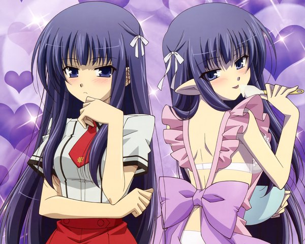 Anime picture 4375x3500 with baka to test to shoukanjuu silver link kirishima shouko ooshima miwa long hair blush highres light erotic smile purple eyes absurdres purple hair looking back dual persona girl uniform underwear bow school uniform heart