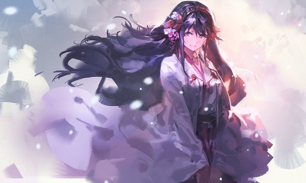 Anime picture 1500x900 with kantai collection haruna battleship kishiyo single long hair looking at viewer black hair smile red eyes wide image traditional clothes girl hairband