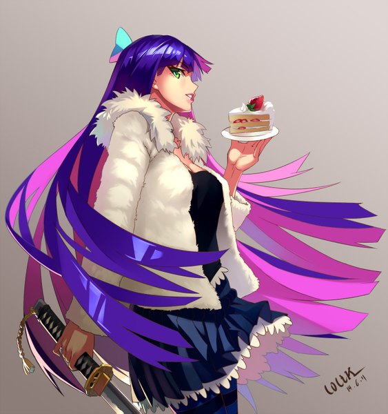 Anime-Bild 1500x1599 mit panty & stocking with garterbelt anarchy stocking lolik single long hair tall image looking at viewer fringe open mouth simple background green eyes pink hair purple hair pleated skirt multicolored hair grey background open clothes open jacket two-tone hair colored inner hair