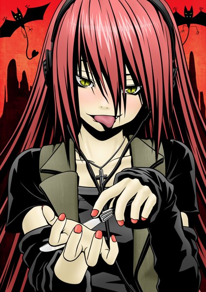 Anime picture 848x1200 with original tsukuan single long hair tall image looking at viewer blush highres open mouth yellow eyes red hair nail polish dark background girl animal choker tongue headphones cross vest