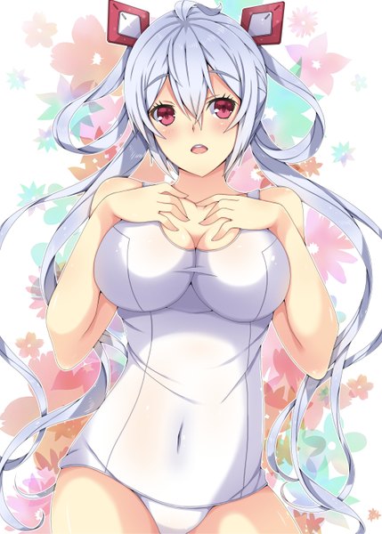 Anime picture 1100x1539 with phantasy star phantasy star online 2 sega matoi (pso2) milkpanda single long hair tall image looking at viewer blush open mouth light erotic red eyes silver hair floral background girl hair ornament swimsuit one-piece swimsuit school swimsuit