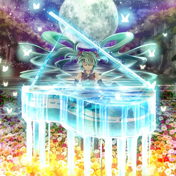 Anime picture 1200x1200 with vocaloid hatsune miku k2pudding single long hair sitting twintails bare shoulders sky eyes closed aqua hair night night sky glowing girl flower (flowers) detached sleeves water necktie insect