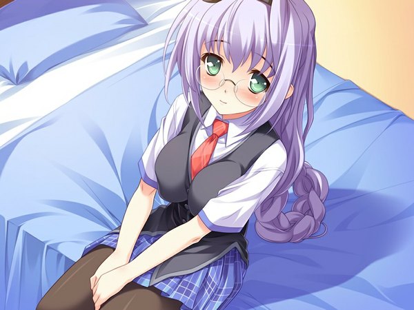 Anime picture 1024x768 with meguri megureba meguru toki!? long hair blush green eyes game cg purple hair girl glasses serafuku bed