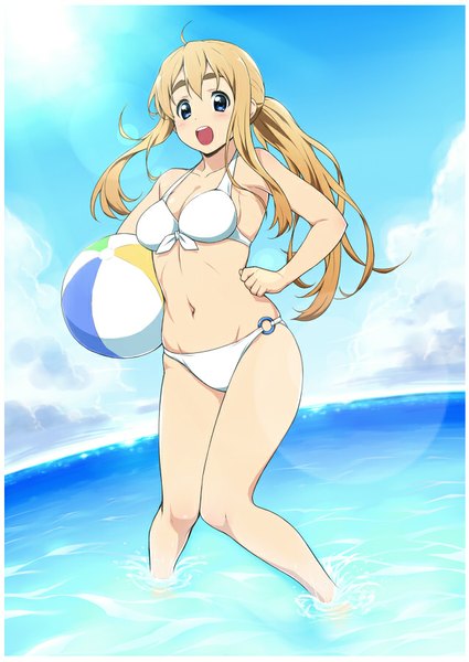 Anime picture 637x900 with k-on! kyoto animation kotobuki tsumugi komase (jkp423) single long hair tall image looking at viewer blush open mouth blue eyes light erotic blonde hair payot sky cloud (clouds) ahoge ponytail eyebrows horizon