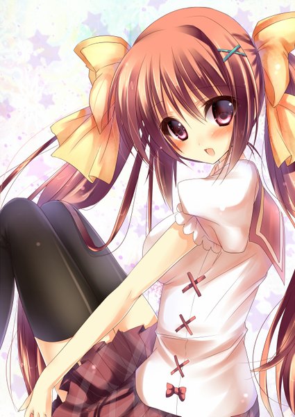 Anime picture 1074x1517 with original amane ruri long hair tall image blush open mouth red eyes brown hair twintails girl thighhighs skirt bow black thighhighs hair bow miniskirt shirt