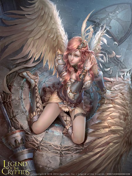 Anime picture 675x900 with legend of the cryptids yu cheng hong single long hair tall image breasts sitting pink hair from above lips arm support tears magic white wings single wing girl hair ornament wings armor feather (feathers)