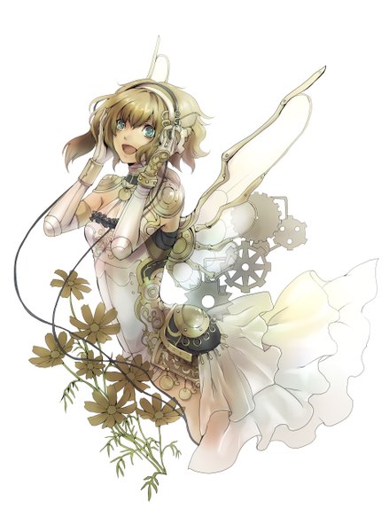 Anime picture 1904x2600 with original senano-yu single tall image blush highres short hair open mouth blue eyes blonde hair sunlight alternate costume happy singing mechanical wings girl gloves flower (flowers) wings elbow gloves