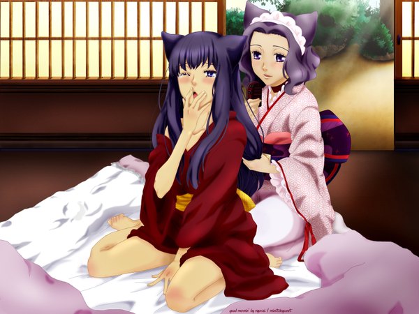 Anime picture 1600x1200 with otome youkai zakuro j.c. staff zakuro (otome youkai zakuro) susuki hotaru hoshino lily long hair blush short hair open mouth blue eyes purple eyes multiple girls animal ears purple hair traditional clothes japanese clothes one eye closed wink sunlight cat ears
