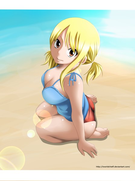 Anime picture 2283x3060 with fairy tail lucy heartfilia lworldchiefl single long hair tall image highres light erotic blonde hair smile twintails brown eyes from above sunlight kneeling coloring sand girl