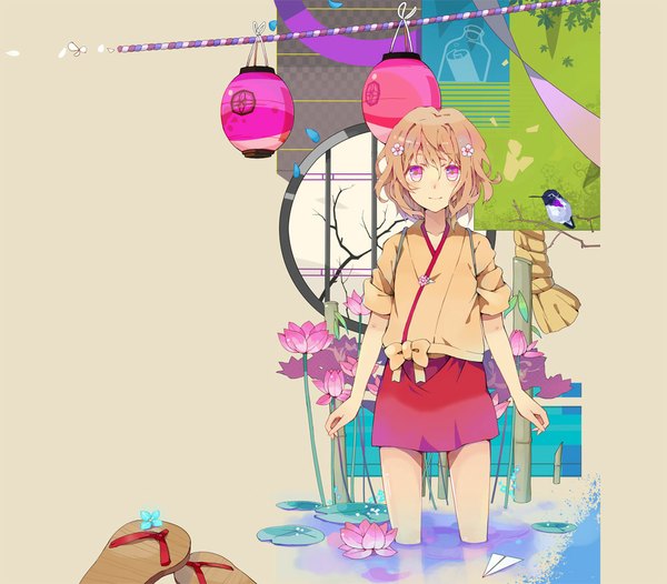 Anime picture 1000x877 with hanasaku iroha p.a. works matsumae ohana evers (artist) single looking at viewer blush short hair simple background blonde hair smile traditional clothes japanese clothes pink eyes brown background shoes removed girl flower (flowers) animal shoes